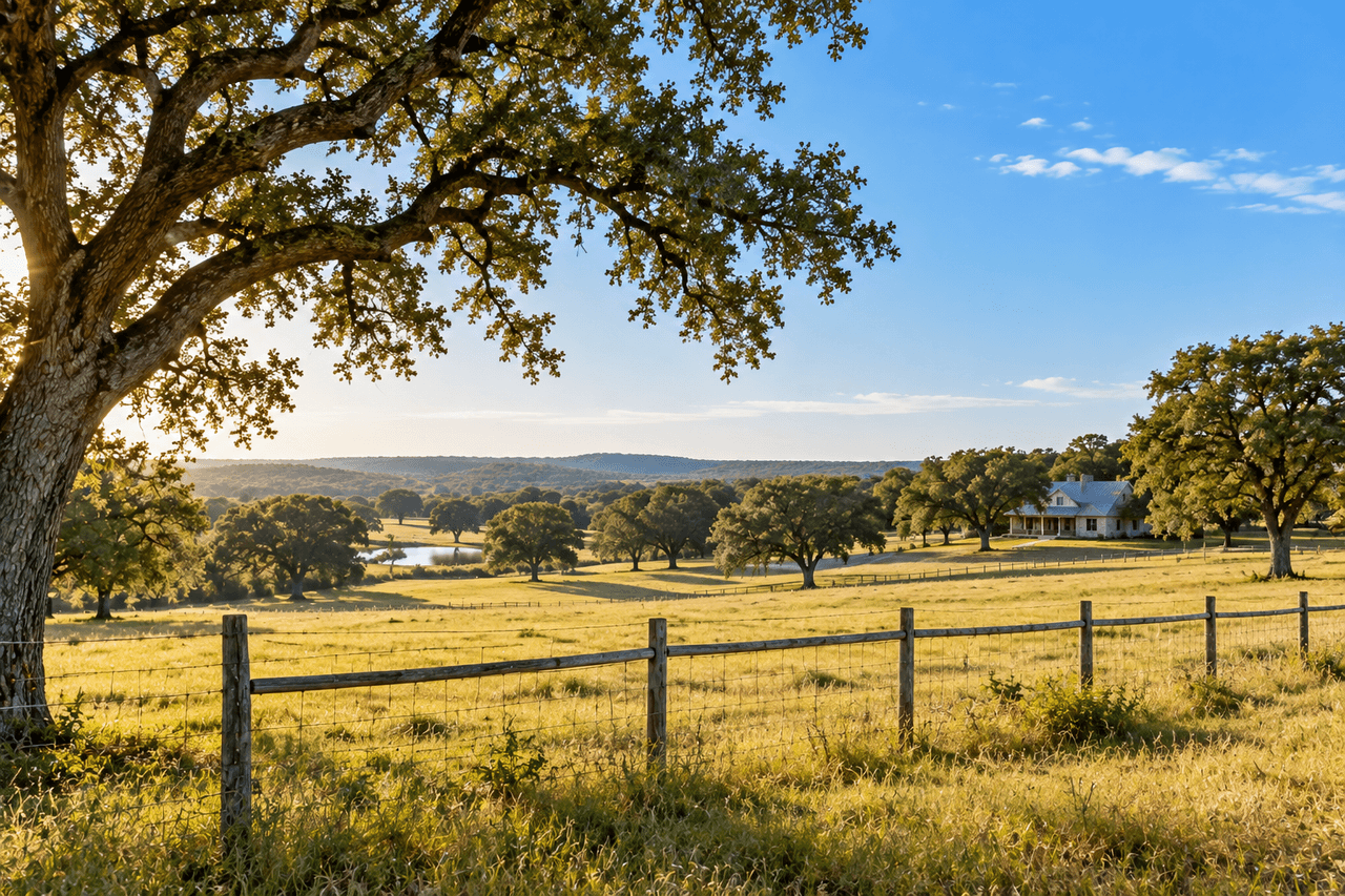 Sunlit Texas pasture with a large live oak, a wooden fence and a farmhouse in the distance